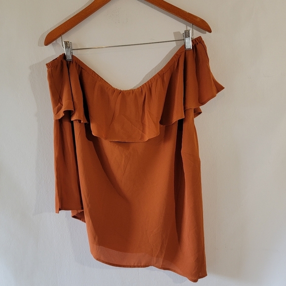 NEW ELOQUII Women Plus Size Brown One Shoulder Ruffle Top Sz 22 Academia Peasant - Picture 3 of 12